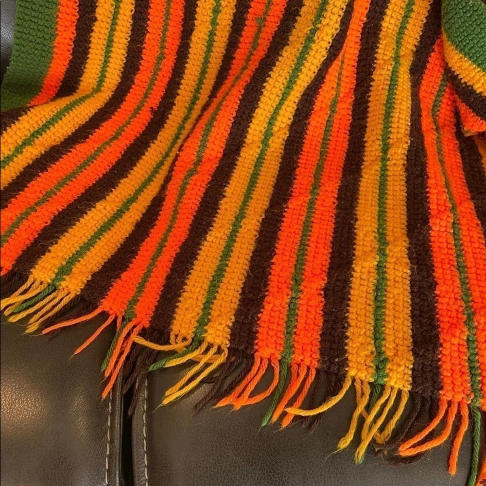 Large Hand Crochet Striped Quilt Retro orange brown yellow green MCM